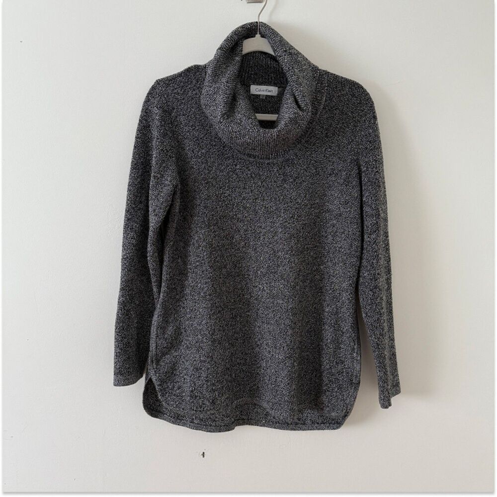 Calvin Klein Cowl Neck Sweater – Heather Gray Knit, Medium, Casual + Elegant